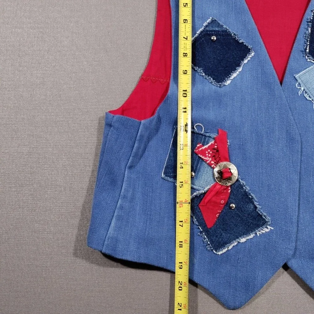 Vtg Handmade Denim Patchwork Vest Large Bandana Print Concho Lined